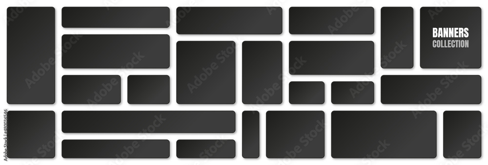 Set of blank black paper banners with shadows isolated on white background. Adhesive stickers, labels with rounded corners. Vector illustration. Set of blank black paper banners with shadows isolated on white background. Adhesive stickers, labels with rounded corners. Vector illustration.