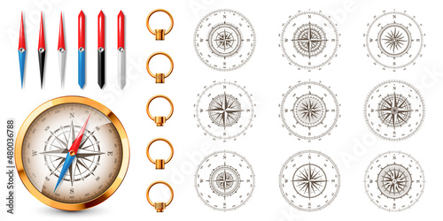 Realistic golden vintage compass with marine wind rose and cardinal directions of North, East, South, West. Shiny metal navigational compass. Cartography and navigation. Vector illustration.