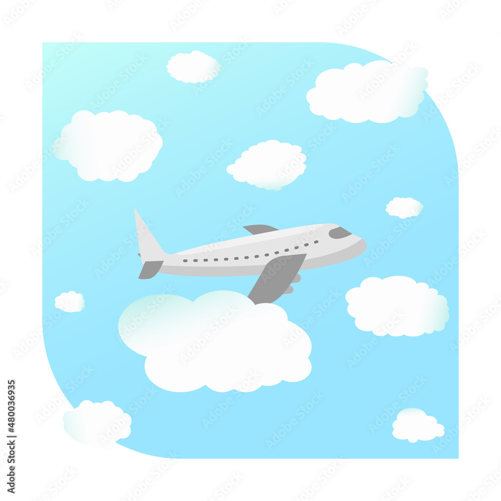 Airplane on blue sky background with white clouds. Flight plane in simple flat design