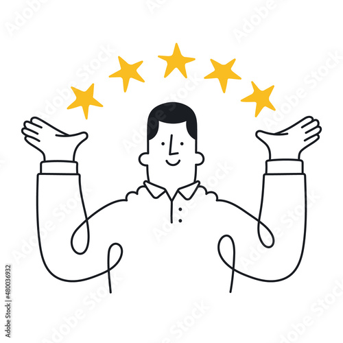Happy man points to the stars. Concept of good customer review rating and client feedback. Outline, linear, thin line, doodle art. Simple style with editable stroke.