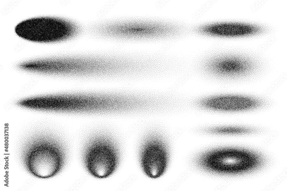 Stipple shadows set, dotted design elements. Fading gradient. Stippling, dotwork drawing, shading using dots. Pixel disintegration, halftone effect. White noise grainy texture. Vector illustration