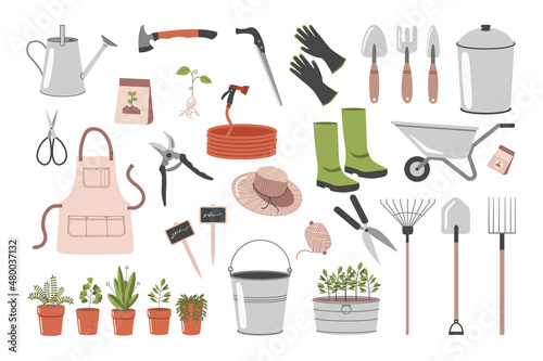 A collection of garden tools: seeds, wheelbarrow, shovel, planting, watering hose, watering can, apron, garden scissors. Farm cares
