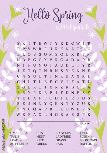 Spring word search puzzle with flowers. Logic game for learning English words.  Printable party card. Educational game. Crossword suitable for social media post. crossword, trivia, activity card. 