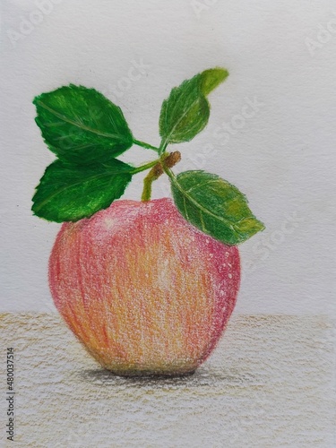 Red apple with leaf - Red apple - drawing with colored pencils