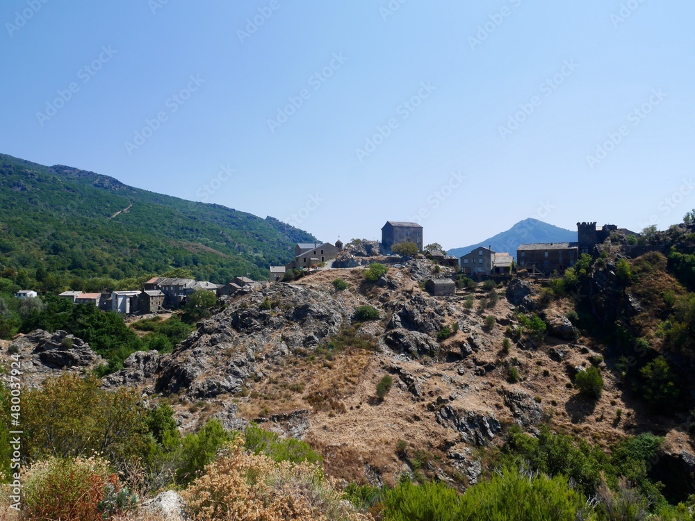 Panoramic view of Matra, a dreamy mountain village nestled in the mountains of Castagniccia. Corsica, France. Panoramic view of Matra, a dreamy mountain village nestled in the mountains of Castagniccia. Corsica, France.