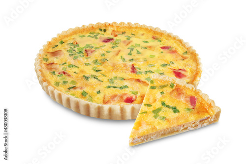 Chicken bacon quiche with scallions on a white isolated background