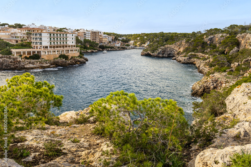 View into the fjord-like bay of Cala Figuera, Santanyí, Majorca, Mallorca, Balearic Islands, Spain