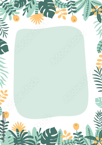 Jungle party template. Green tropical palm leaves frame border. Wild party design. Safari banner. Hawaii birthday party invite. Summer bright vector illustration. Green birthday card. Rainforest card.