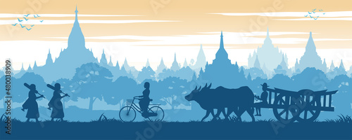 Asean scenery country background of Myanmar with Pagoda sea while monk on pilgrimage woman ride bicycle and man on cow cart,vector illustration