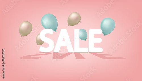 Vector illustration, sale banner on pink background with balloons. realistic volumetric illustration of marketing, sale concept. bargain shopping at a discount