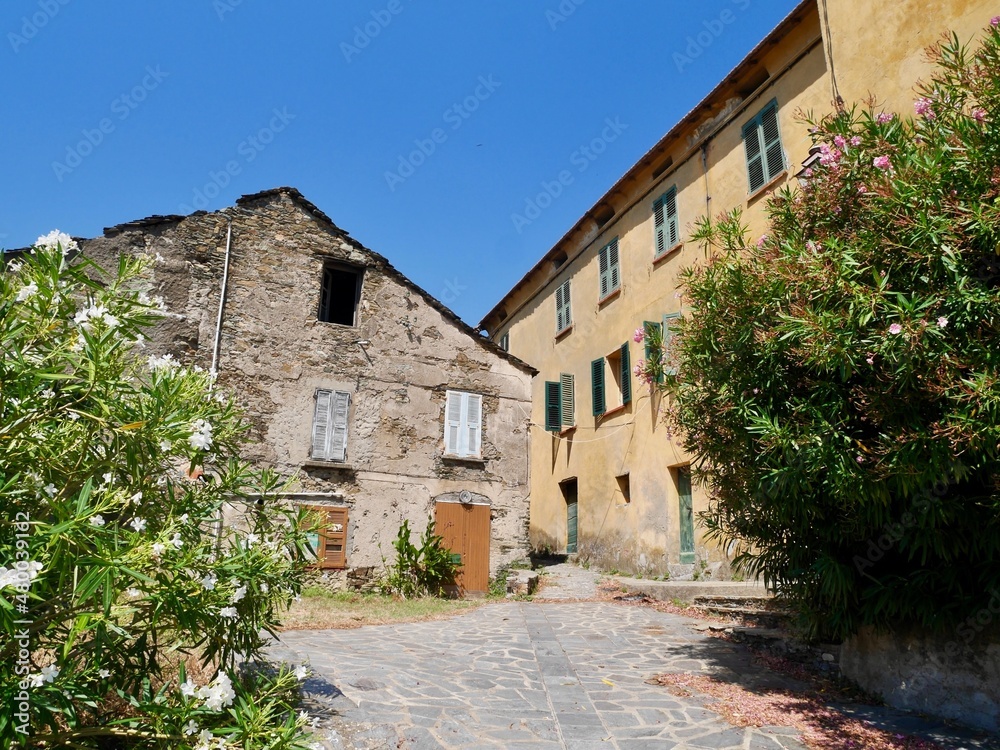 Traditional stone houses in Moita, a dreamy hilltop village nestled in the mountains of Castagniccia, Corsica, France.