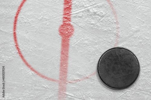 Fragment of a hockey arena with a central circle and a puck