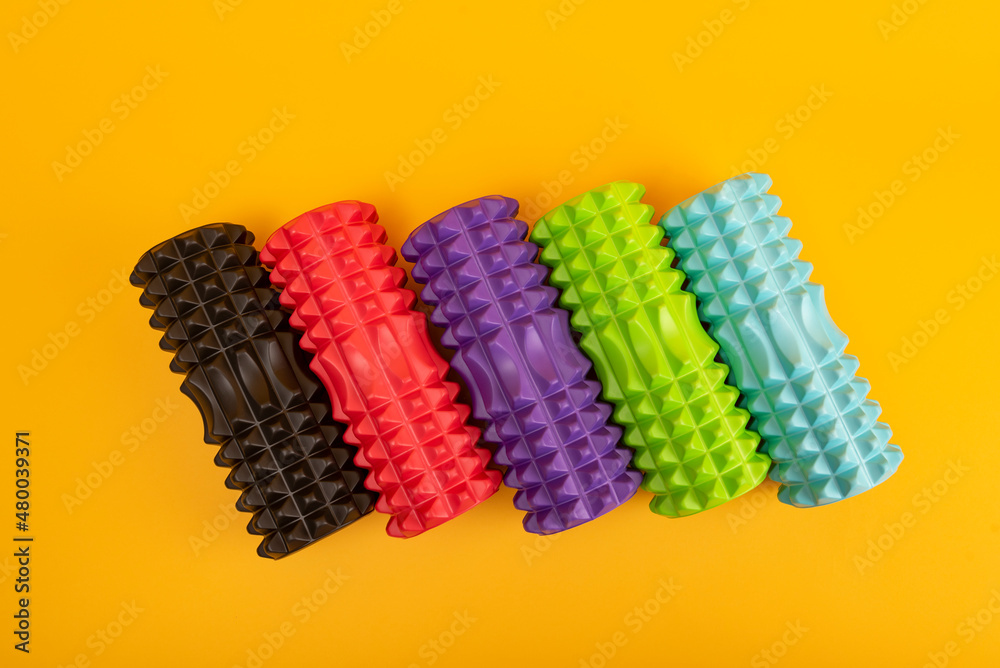 Foam rollers for muscle massage and myofascial trigger point release. Massage roller MFR. Top view Foam rollers for muscle massage and myofascial trigger point release. Massage roller MFR. Top view