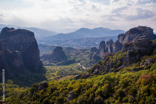 Beautiful scenic and breathtaking view of valley and landmark canyon of Meteora rock formations, Kalambaka, Greece.