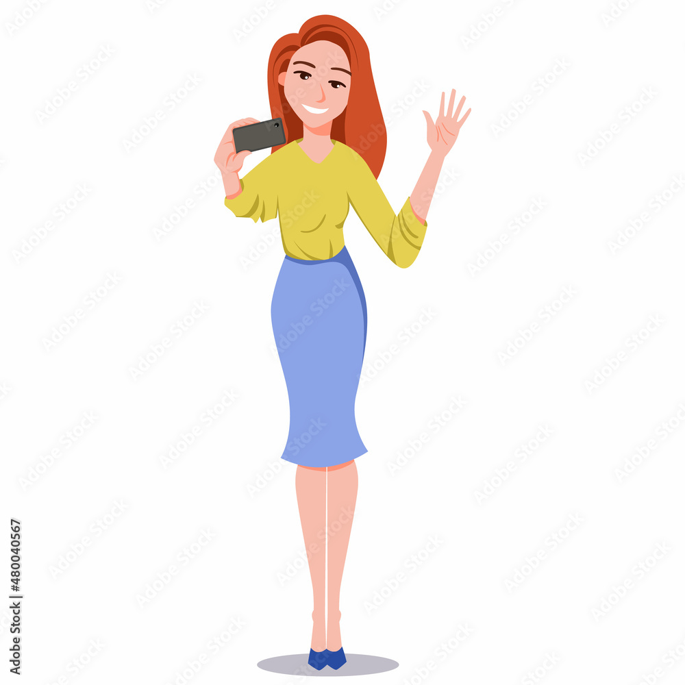 A girl takes a selfie. The woman waves her hand at the phone camera. The female communicates online. Vector illustration in a flat cartoon style isolated on a white background. A girl takes a selfie. The woman waves her hand at the phone camera. The female communicates online. Vector illustration in a flat cartoon style isolated on a white background.