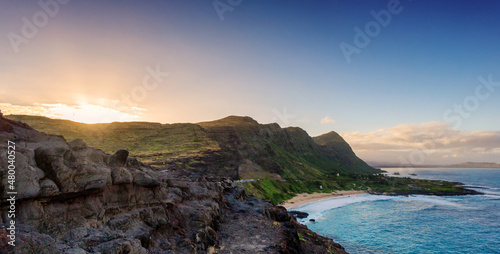Panorama of Oahu south shore, including Makapuu Beach near Sea Life Park, from lookout during sunset