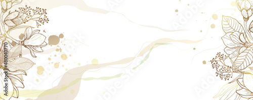 Luxurious golden wallpaper. Banner with a white background and beautiful golden stripes and spots. Golden wall flowers with a shiny light texture. Wall mural of contemporary art. Vector
