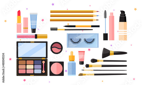 Vector illustration of decorative cosmetics. 
Different lipstics, eyeshadow case, eyeliners, eyebrow pencil, mascara, tone cream, false eyelashes, blush, concealer, base makeup. photo