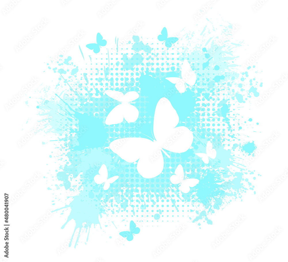Delicate white butterflies on blue blots. Vector illustration