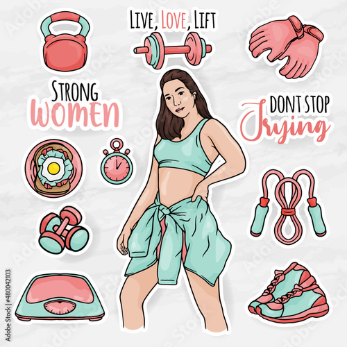 healthy women sticker clip art collections set with fitness equipment