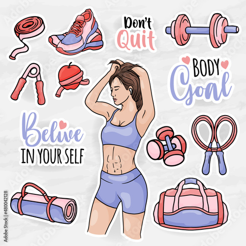 cute women sticker clip art collections set with gym equipment