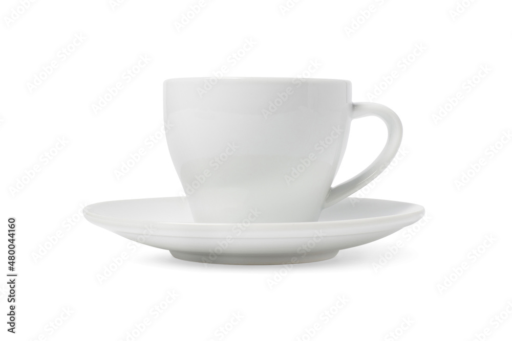 White tea cup and saucer for drink isolated on white background. Ceramic coffee cup or mug close up. Mock-up classic porcelain utensils. Blank ceramic mug mockup template for branding on white. White tea cup and saucer for drink isolated on white background. Ceramic coffee cup or mug close up. Mock-up classic porcelain utensils. Blank ceramic mug mockup template for branding on white.