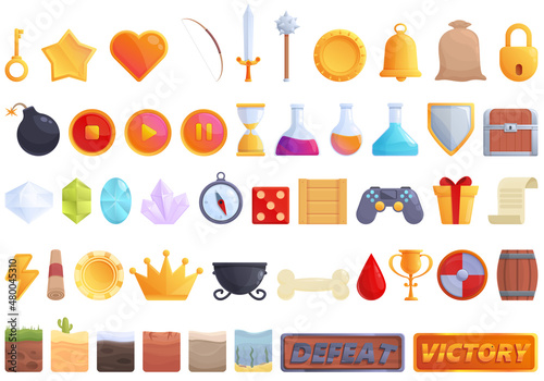 Gameplay icons set cartoon vector. Computer app. Internet game