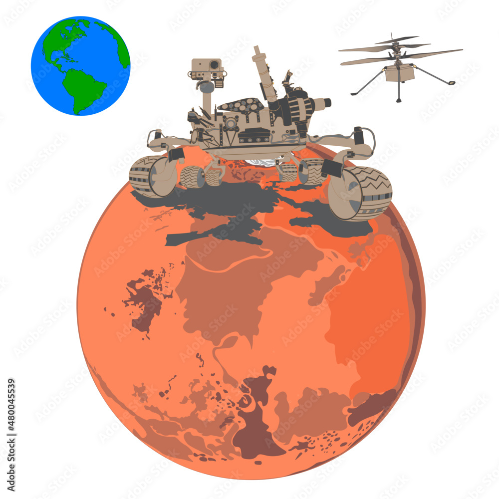 Ταπετσαρία Mars rover curiosity and helicopter ingenuity on the Mars planet surface near Eartn planer isolated on white