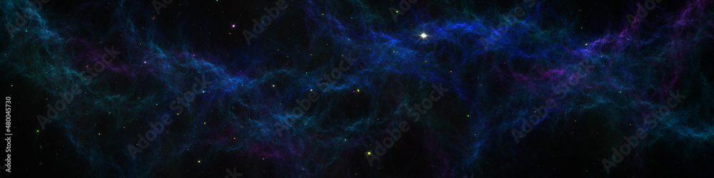 Space background with star dust and gas clouds. Fractal 3d illustration. Panoramic space galaxy nebula map. 