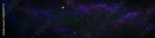 Space background with star dust and gas clouds. Fractal 3d illustration. Panoramic space galaxy nebula map. 
