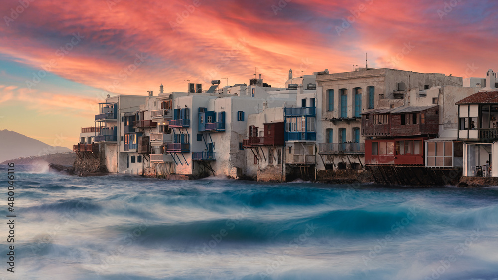 Obraz premium Little Venice at sunset on Mykonos island in the Mediterranean Sea. Greece.