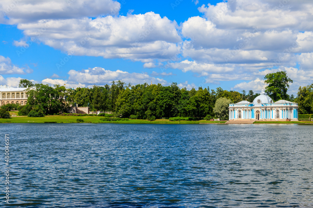 Grotto pavilion and Cameron gallery on a shore of Big Pond in Catherine park at Tsarskoye Selo in Pushkin, Russia
