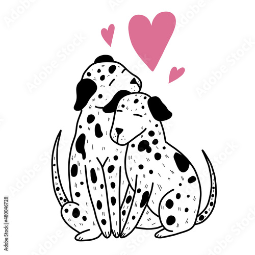 Flat illustration of two dogs. Dalmatians black and white hand drawn illustration. Doodle valentine's day