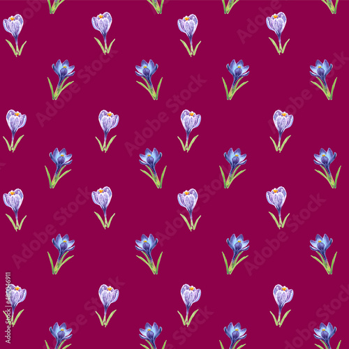 Floral seamless pattern of crocuses drawn by markers on a purple background. For fabric, sketchbook, wallpaper, wrapping paper.