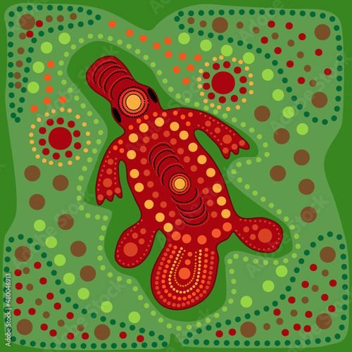 Platypus in australian aboriginal style. Australia indigenous art background with dots. Decorative ethnic duck bill. Aboriginal tribal art craft. For flyer, poster, banner, placard.Vector illustration