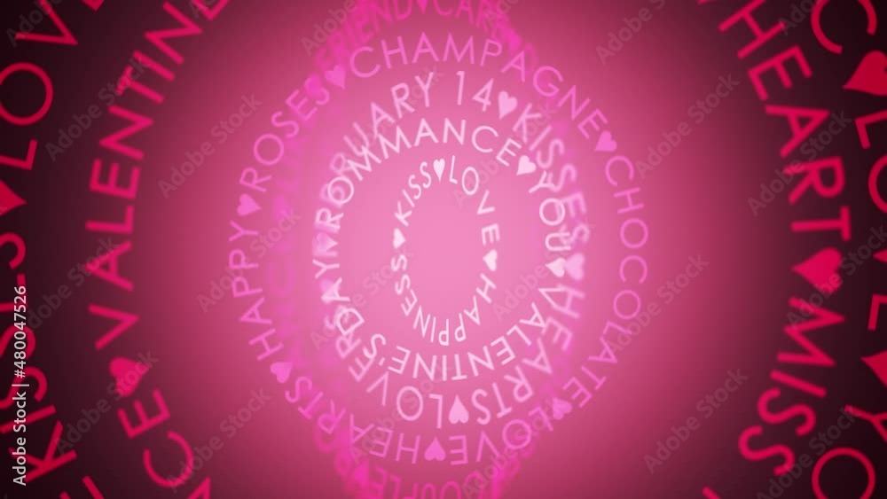 Artistic motion circle love valentine's day relationship word cloud on cute romantic pink background. Seamless loop animation background.