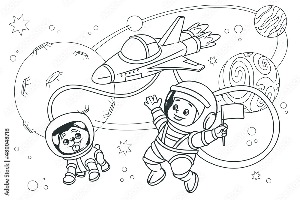 Coloring book ,Kid astronaut with a dog astronaut soar in space against the background of stars and planets. Vector illustration, black and white line art, cartoon Coloring book ,Kid astronaut with a dog astronaut soar in space against the background of stars and planets. Vector illustration, black and white line art, cartoon