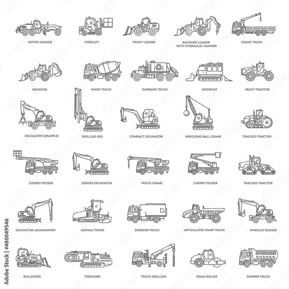 Fotografie Construction vehicles. Industrial transport vector icons