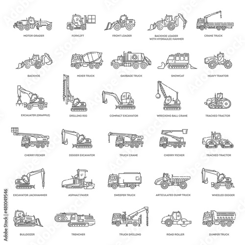 Construction vehicles. Industrial transport vector icons