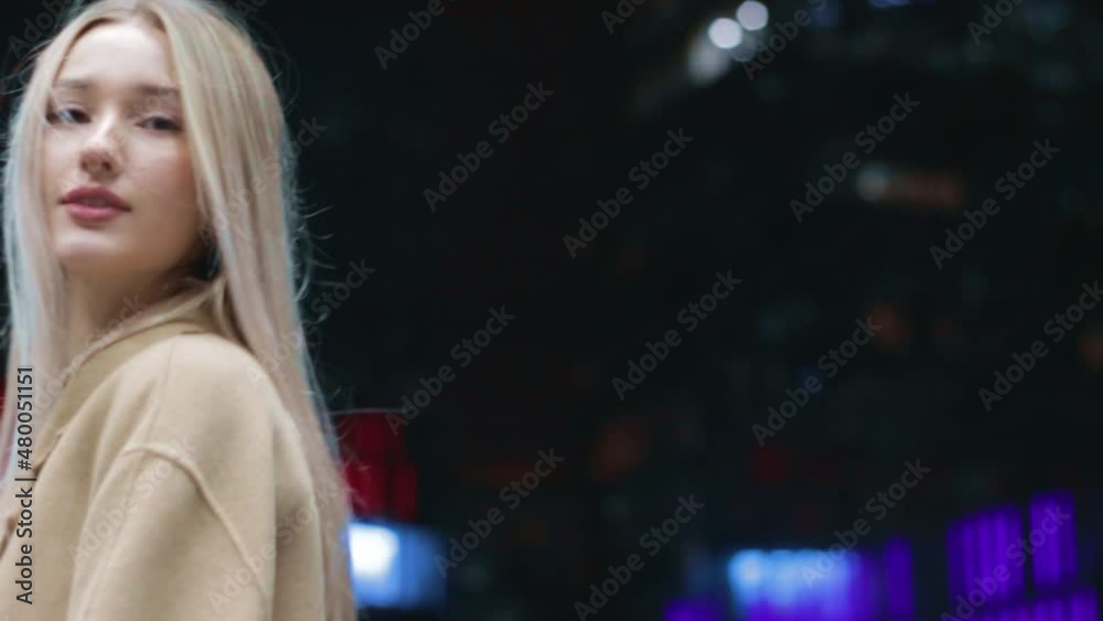 beautiful young girl blonde walks around the night city beautiful young girl blonde walks around the night city