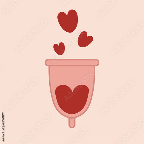 Menstruation hygiene Female period products-reusable menstrual cup with menstrual blood. Feminine menstrual care illustration.Menstrual period. Feminism.Gender equality.Vector graphics