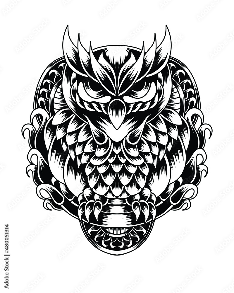 Artwork Illustration Unique Gold Owl With Engraving Line Art Stock