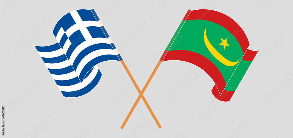 Crossed and waving flags of Greece and Mauritania Crossed and waving flags of Greece and Mauritania
