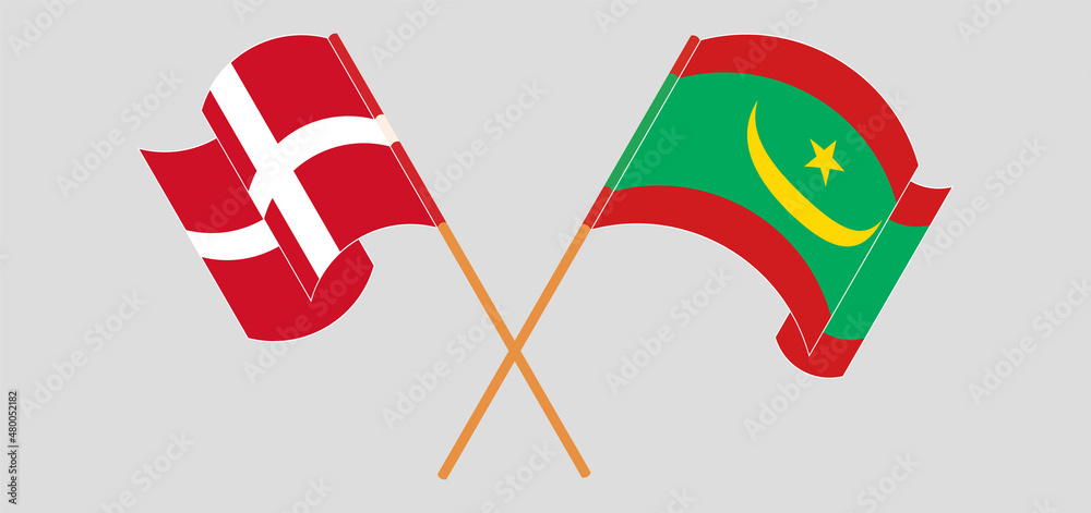 Crossed and waving flags of Denmark and Mauritania Crossed and waving flags of Denmark and Mauritania