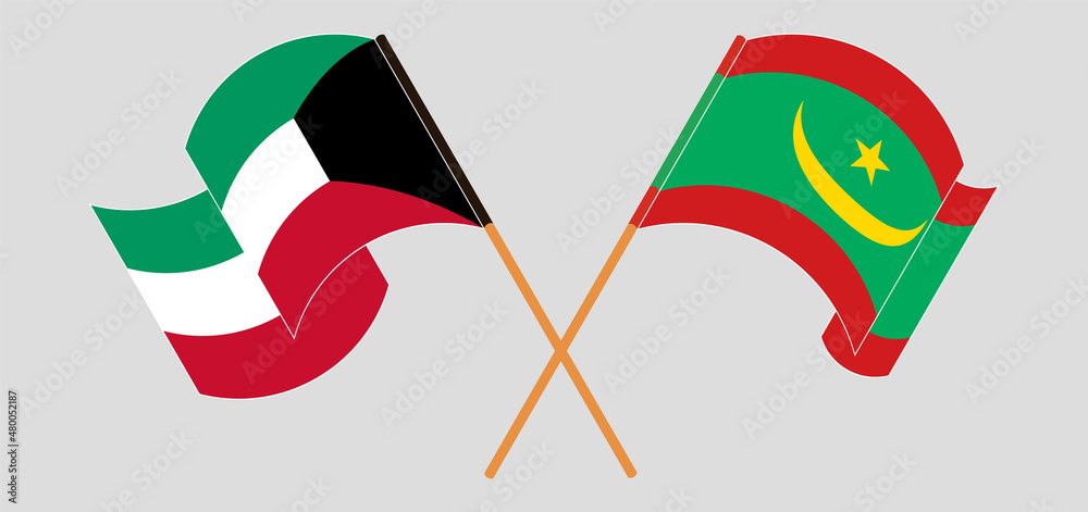 Crossed and waving flags of Kuwait and Mauritania Crossed and waving flags of Kuwait and Mauritania