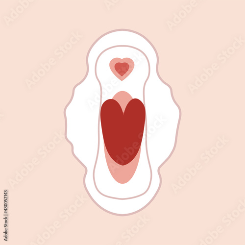 Menstruation hygiene.Female period products -hygienic pad with menstrual blood in the form of heart. Feminine menstrual care illustration. Menstrual period. Feminism. Gender equality. Vector graphics