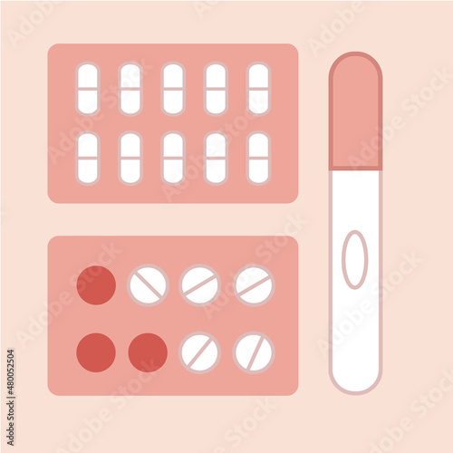 Menstruation hygiene. Female period products -pills, pregnancy test . Feminine menstrual care illustration. Menstrual period. Feminism. Gender equality. Vector graphics