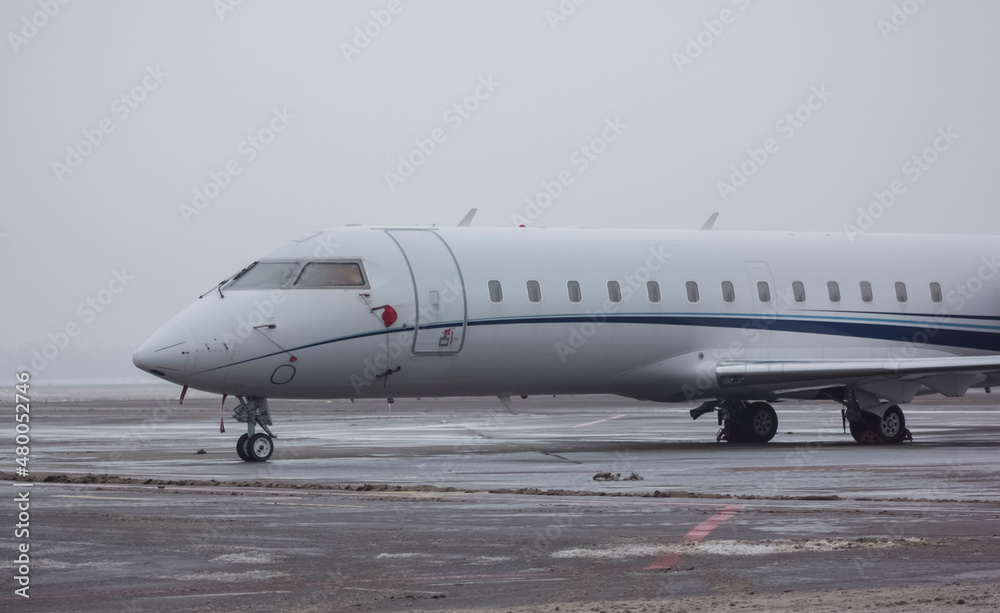 Private jet airliner parked at the airport in cloudy weather Private jet airliner parked at the airport in cloudy weather