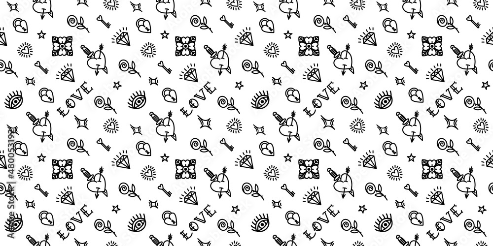monochrome Old School Style Pattern for Valentine's Day. Background with love symbols monochrome Old School Style Pattern for Valentine's Day. Background with love symbols