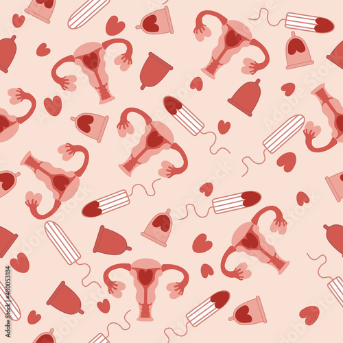 Menstruation hygiene.Menstruation concept. Seamless endless pattern.Vagina Symbol,female period with menstrual blood,sanitary pad,tampon,reusable cup. Feminism.Vector illustrations